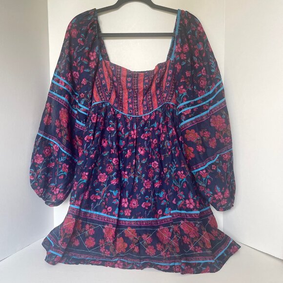 Free People Endless Afternoon Mini Dress Blue Red Floral Long Sleeve Babydoll - Picture 3 of 11